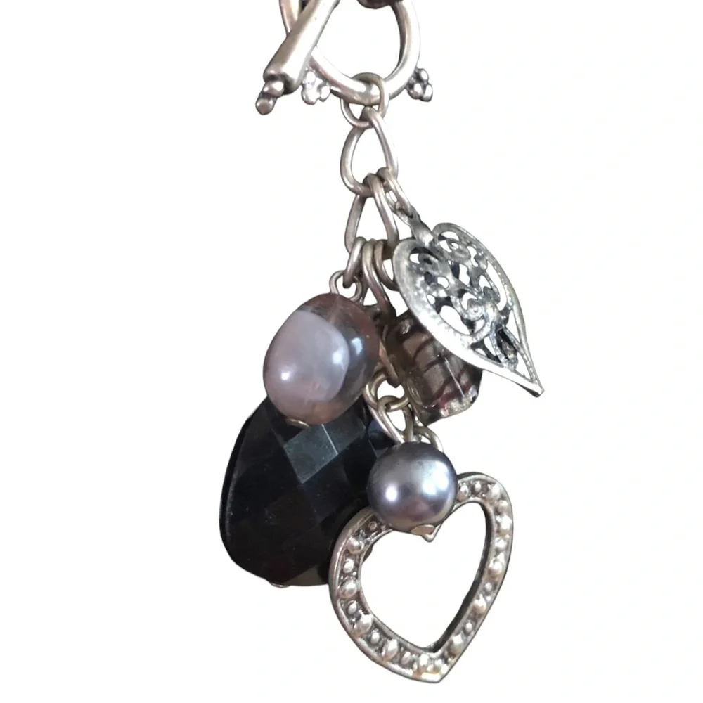 Dangle Romantic Goth Charms Toggle Silver Tone Hearts Y2K Necklace Choker - Picture 2 of 6